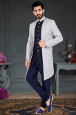 Jacket Style Men Sherwani in Silk Navy Blue for Sangeet