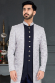 Jacket Style Men Sherwani in Silk Navy Blue for Sangeet
