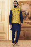 Navy Blue Silk Men Kurta Pajama With Woven Jacket
