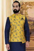 Navy Blue Silk Men Kurta Pajama With Woven Jacket
