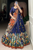 Navy Blue Silk Printed Flared Style Lehenga