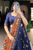 Navy Blue Silk Printed Flared Style Lehenga