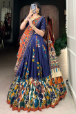 Navy Blue Silk Printed Flared Style Lehenga