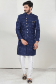 Navy Blue Silk Straight Cut Sherwani