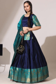 Navy Blue Silk Woven Zari A Line Lehenga 