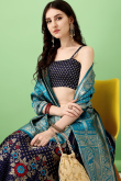 Navy Blue Silk Woven Zari Panelled Style Lehenga
