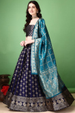 Navy Blue Silk Woven Zari Panelled Style Lehenga