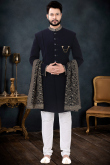 Navy Blue Terry Rayon Churidar Indo Western Men Sherwani