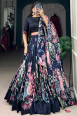 Navy Blue Tussar Silk Lehenga With Printed Work For Diwali
