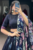 Navy Blue Tussar Silk Lehenga With Printed Work For Diwali