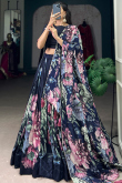 Navy Blue Tussar Silk Lehenga With Printed Work For Diwali