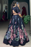 Navy Blue Tussar Silk Lehenga With Printed Work For Diwali