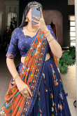 Navy Blue Tussar Silk Lehenga With Printed Work For Diwali