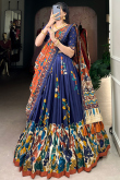 Navy Blue Tussar Silk Lehenga With Printed Work For Diwali