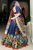 Navy Blue Tussar Silk Lehenga With Printed Work For Diwali