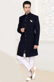 Navy Blue Velvet Woven Men Sherwani
