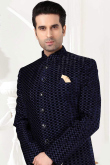 Navy Blue Velvet Woven Men Sherwani