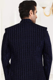Navy Blue Velvet Woven Men Sherwani