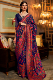 Navy Blue Weaved Zari Kora Silk Broad Border Saree 
