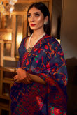 Navy Blue Weaved Zari Kora Silk Broad Border Saree 