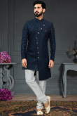 Navy Blue Woven Jacquard Churidar Men Sherwani