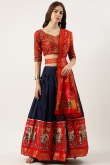 Navy Blue Woven Zari Silk Patola Style Pleated Lehenga 