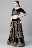 Navy Blue Zari Embroidered Velvet Panelled Style Lehenga