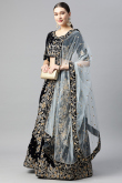 Navy Blue Zari Embroidered Velvet Panelled Style Lehenga