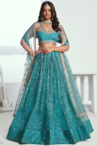 Net Aqua Blue Embroidered Flared Style Lehenga