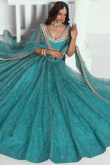 Net Aqua Blue Embroidered Flared Style Lehenga