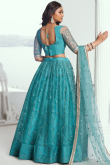 Net Aqua Blue Embroidered Flared Style Lehenga