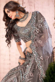 Net Ash Grey Designer Party Wear Lehenga With Silver Lace Work