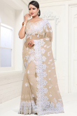 Net Beige Resham Thread Embroidered Light Weight Saree