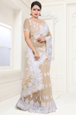 Net Beige Resham Thread Embroidered Light Weight Saree