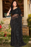 Net Black Wedding Wear Saree with Thread embroidery