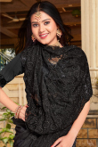 Net Black Wedding Wear Saree with Thread embroidery