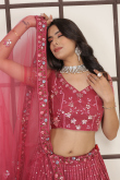 Net Brick Red Sequins Embroidered Panelled Style Lehenga