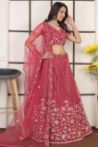 Net Brick Red Sequins Embroidered Panelled Style Lehenga