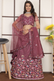 Net Burgundy Maroon Embroidered Panelled Style Lehenga