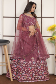 Net Burgundy Maroon Embroidered Panelled Style Lehenga
