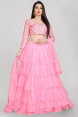 Net Carnation Pink Zari Embroidered Layered Style Lehenga 