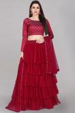 Net Chilly Red Zari Embroidered Layered Style Lehenga 