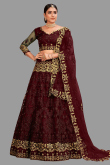 Net Dark Maroon Embroidered Panelled Style Lehenga