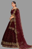 Net Dark Maroon Embroidered Panelled Style Lehenga