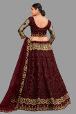 Net Dark Maroon Embroidered Panelled Style Lehenga
