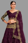 Net Dark Purple Embroidered Panelled Style Lehenga