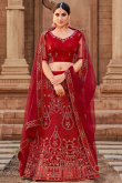 Net Deep Red Resham Embroidered Panelled Style Lehenga 