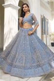 Net Dusty Blue Embroidered A-Line Lehenga