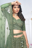 Net Dusty Green Resham Embroidered Panelled Style Lehenga 