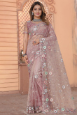 Net Dusty Pink Sequins Embroidery Saree